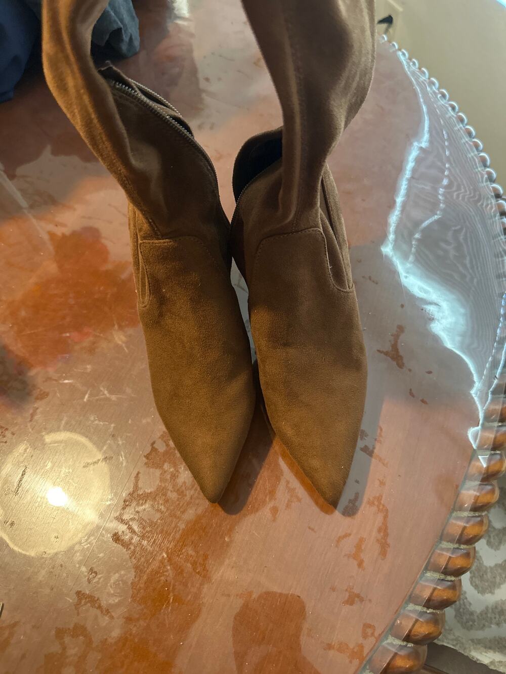 Steve Madden Thigh High Boots Brown Suede Look Pointed Toe Block Heel 8.5